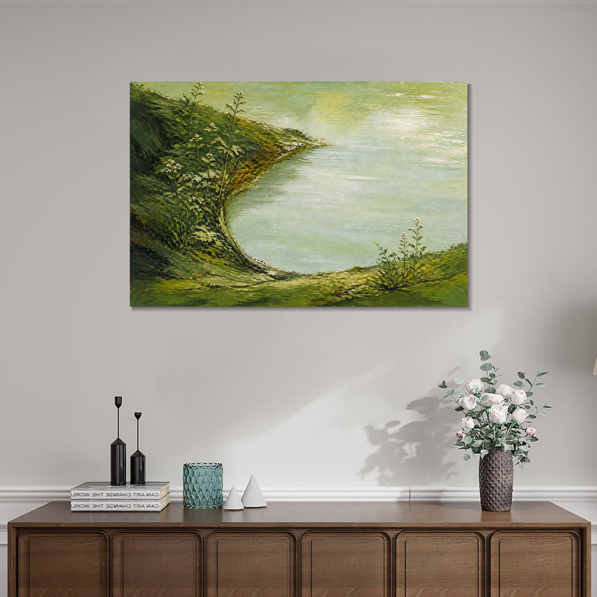 INVIN ART Framed Canvas 100% Handpainted Oil Painting Green Shore and Lake Cove Wall Art