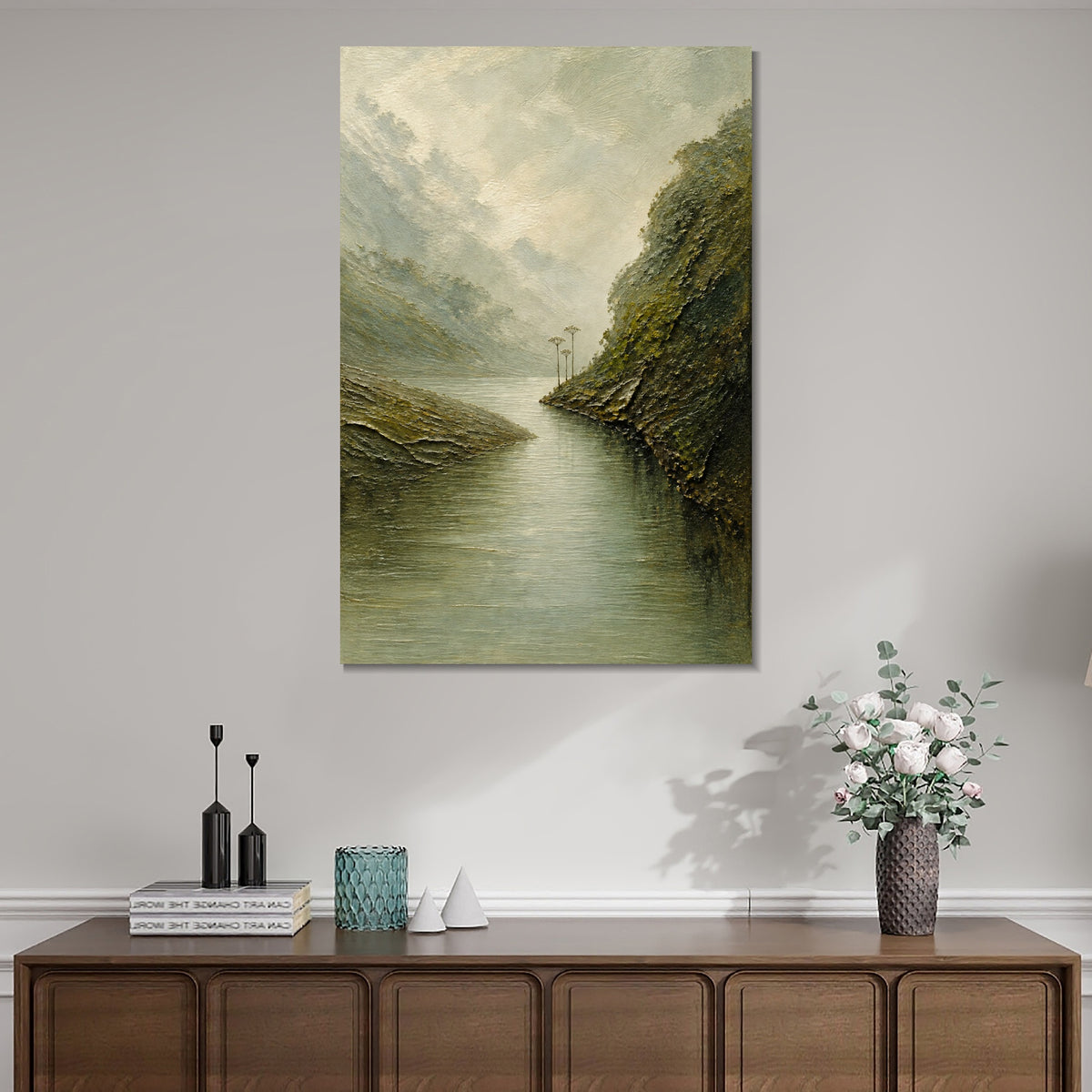 INVIN ART Framed Canvas 100% Handpainted Oil Painting Still Water in the Gorge Wall Art
