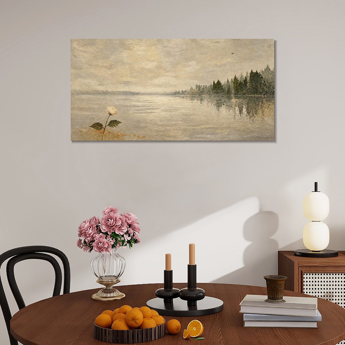 INVIN ART Framed Canvas 100% Handpainted Oil Painting One Flower by the Lake Wall Art
