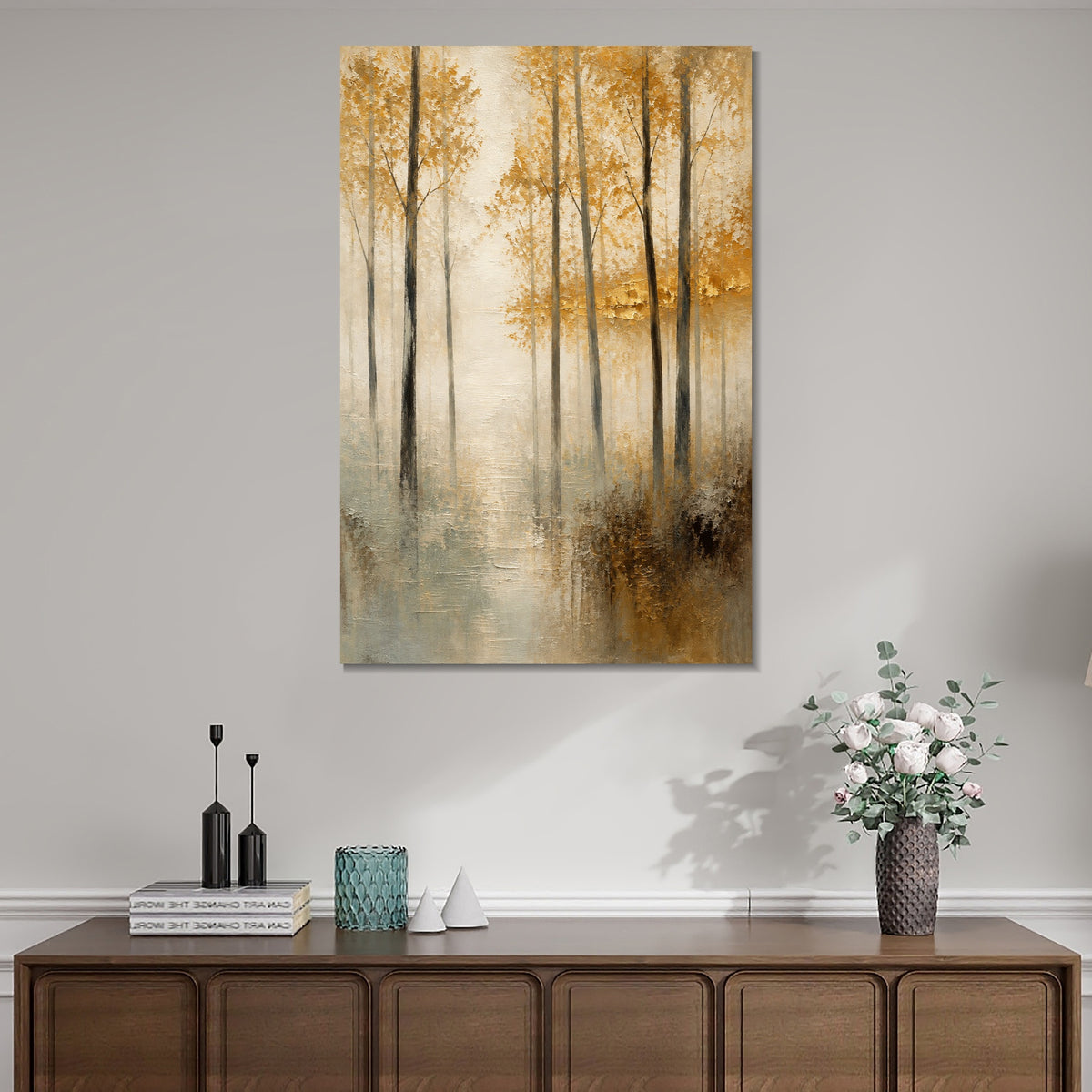 INVIN ART Framed Canvas 100% Handpainted Oil Painting Golden Leaves in Mist Wall Art