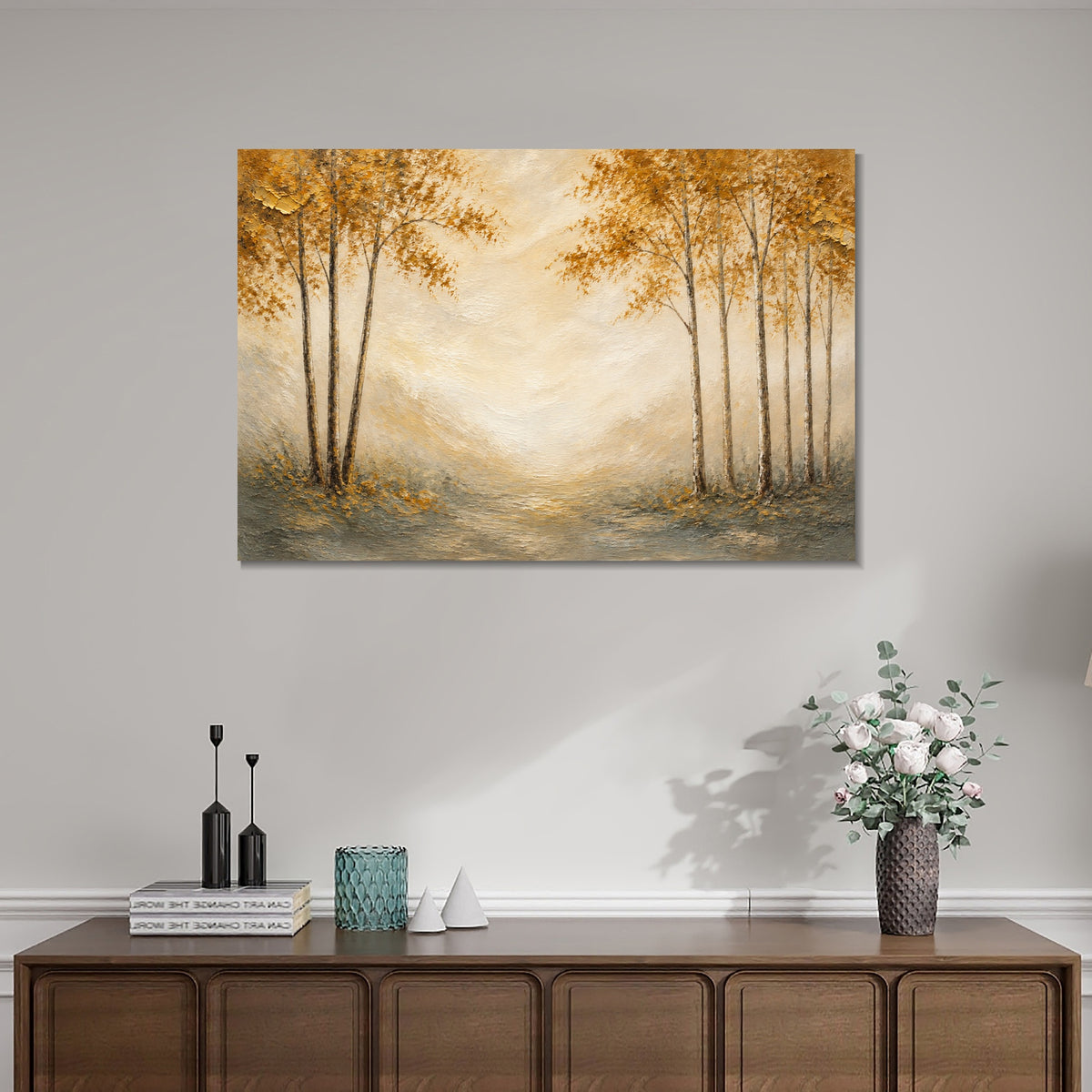 INVIN ART Framed Canvas 100% Handpainted Oil Painting Path Through Autumn Trees Wall Art