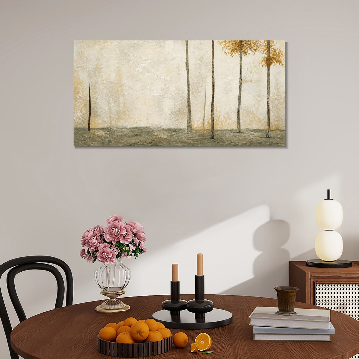 INVIN ART Framed Canvas 100% Handpainted Oil Painting Sparse Trees in Pale Gold Wall Art