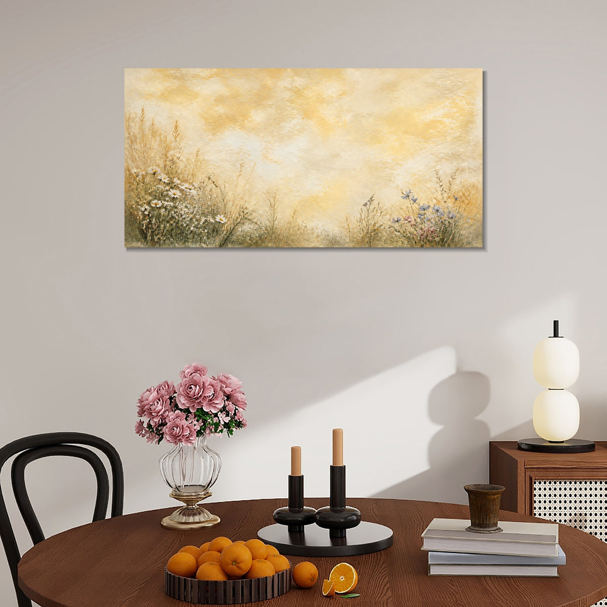 INVIN ART Framed Canvas 100% Handpainted Oil Painting Flowers Beneath Golden Clouds Wall Art