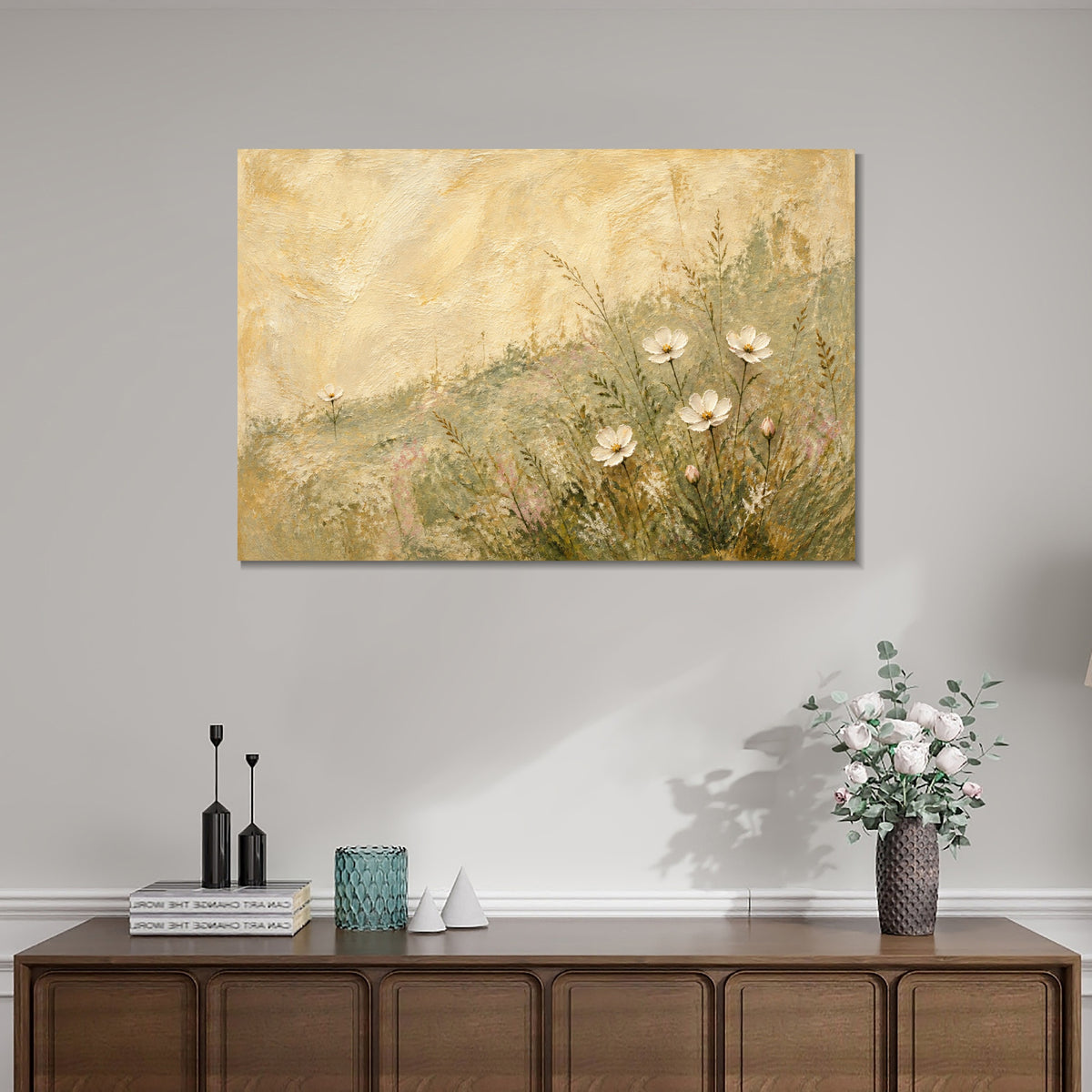 INVIN ART Framed Canvas 100% Handpainted Oil Painting Daisies in the Breeze Wall Art