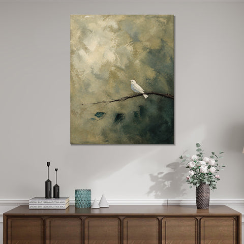 INVIN ART Framed Canvas 100% Handpainted Oil Painting White Bird on a Branch Wall Art