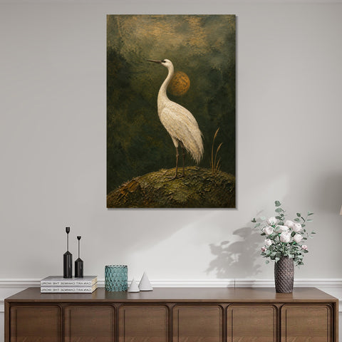 INVIN ART Framed Canvas 100% Handpainted Oil Painting Crane at Dusk Minimal Bird Landscape Wall Art