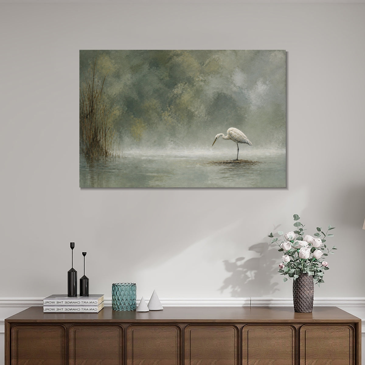 INVIN ART Framed Canvas 100% Handpainted Oil Painting Heron in Misty Water Wall Art