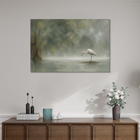INVIN ART Framed Canvas 100% Handpainted Oil Painting Heron in Mist Minimal Bird Landscape Wall Art