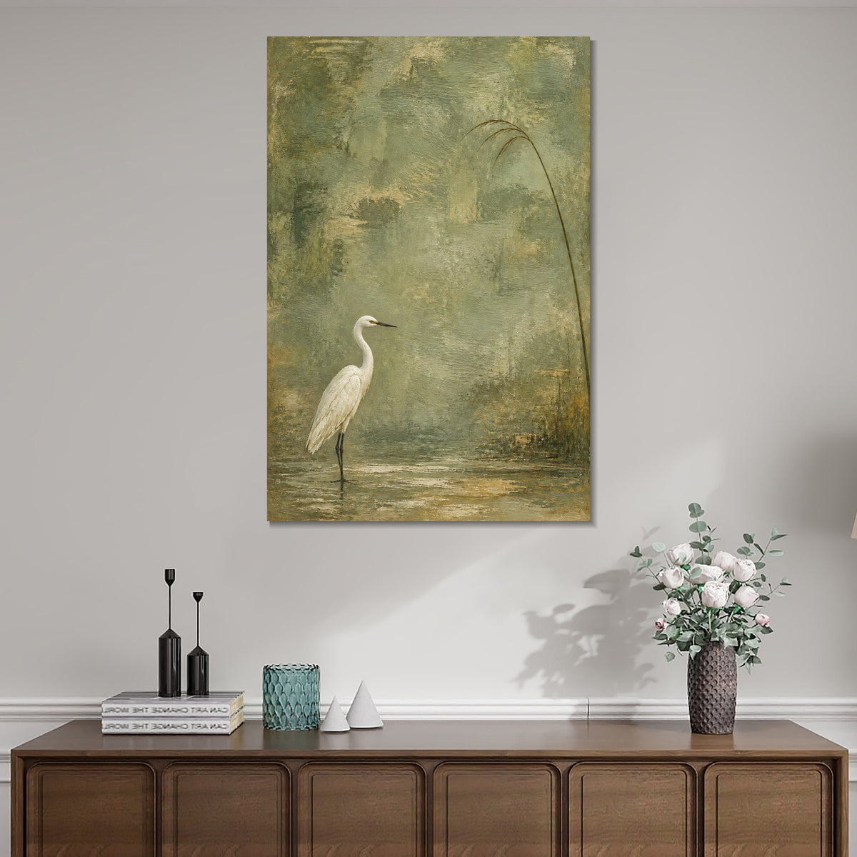 INVIN ART Framed Canvas 100% Handpainted Oil Painting White Heron Beneath a Reed Wall Art