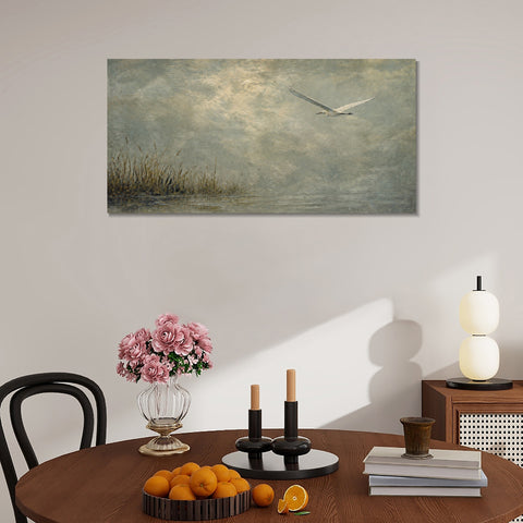 INVIN ART Framed Canvas 100% Handpainted Oil Painting Bird Above the Reed Shore Wall Art