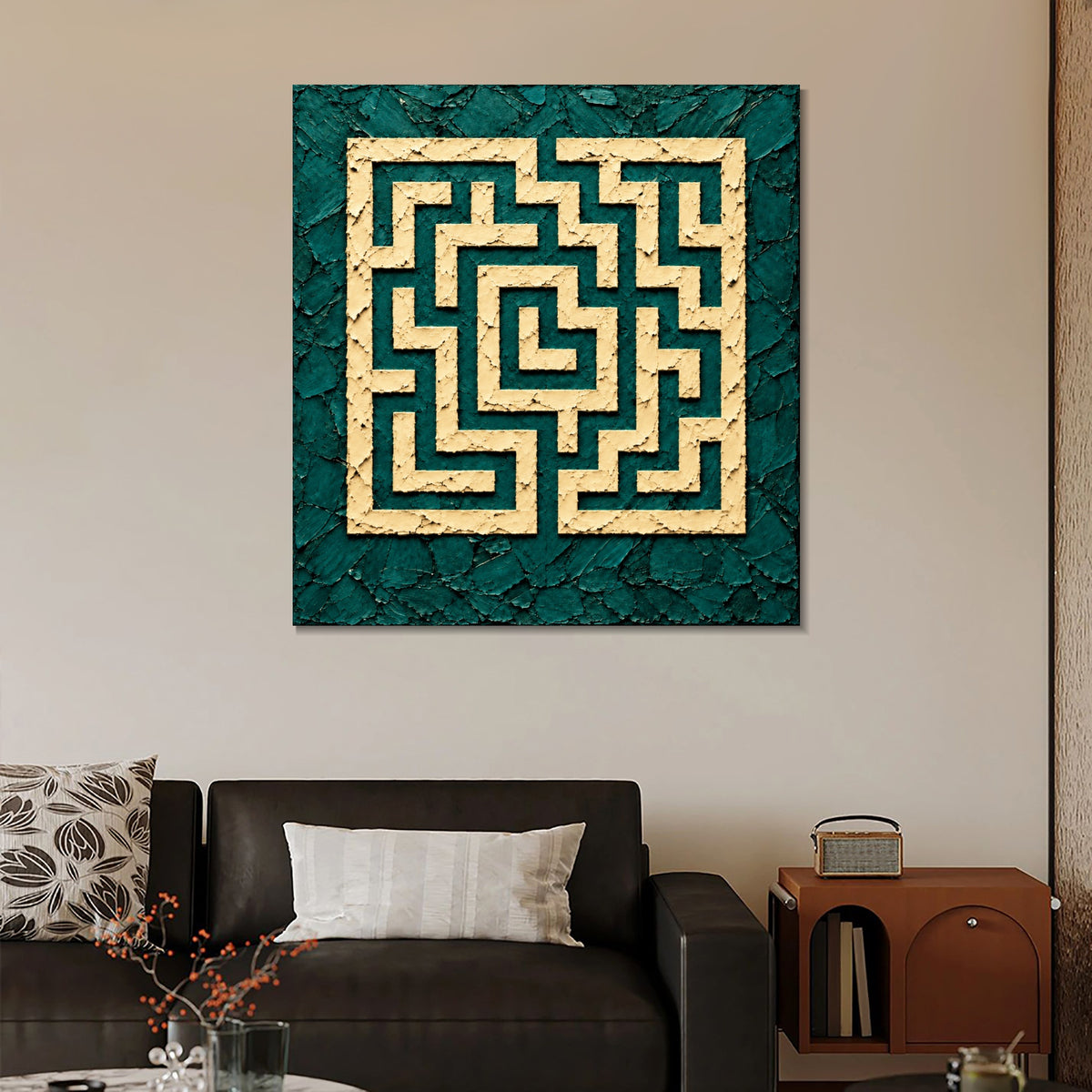 INVIN ART Framed Canvas 100% Handpainted Oil Painting Ivory Maze on Teal Wall Art