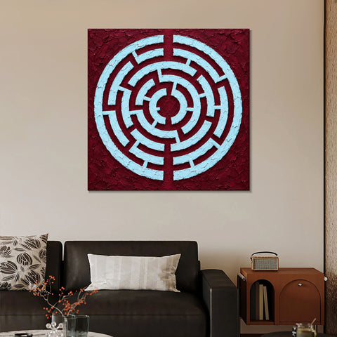 INVIN ART Framed Canvas 100% Handpainted Oil Painting Ice Blue Maze on Burgundy Wall Art