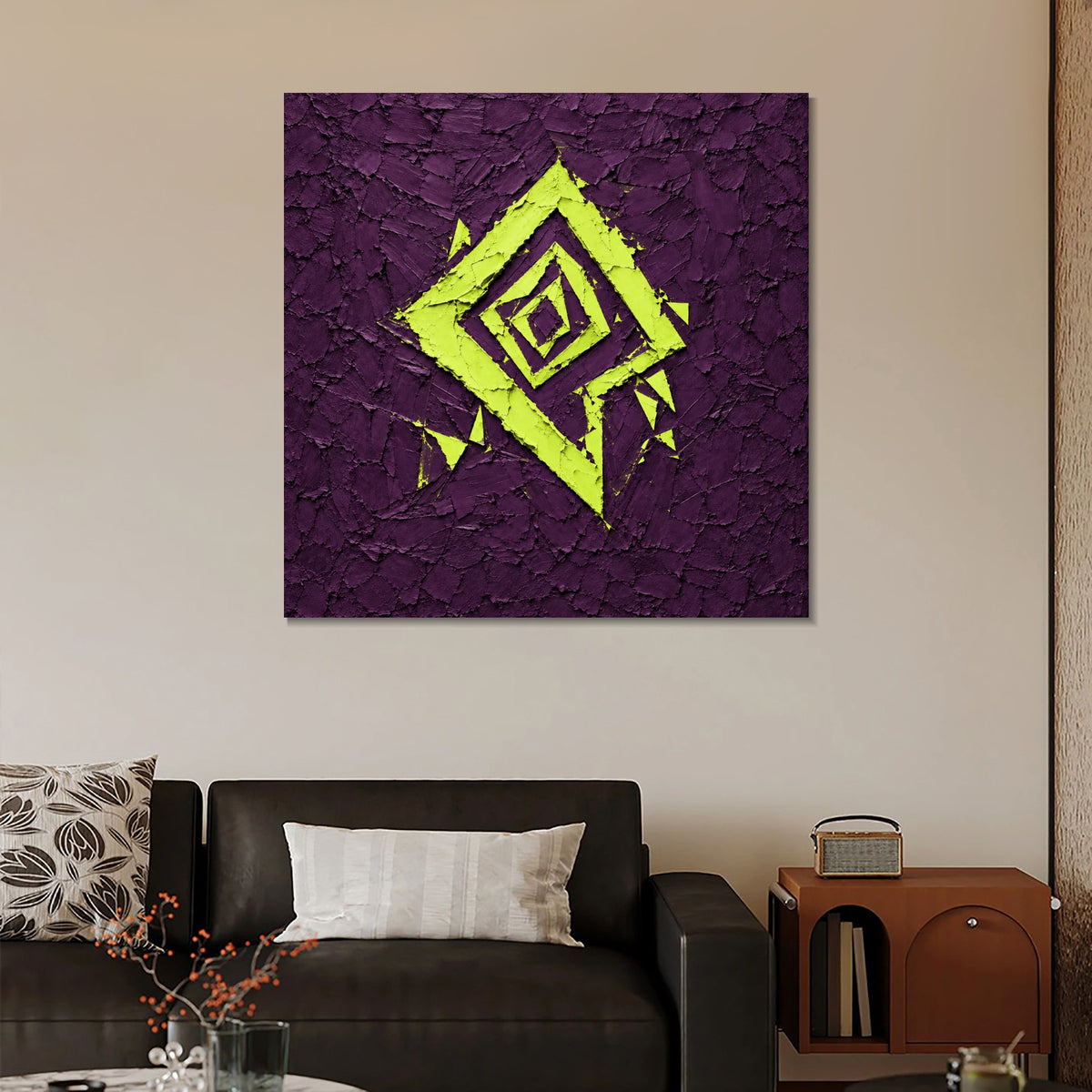 INVIN ART Framed Canvas 100% Handpainted Oil Painting Lime Diamond on Purple Wall Art