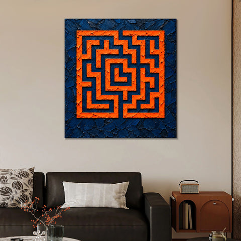 INVIN ART Framed Canvas 100% Handpainted Oil Painting Orange Square Maze Wall Art