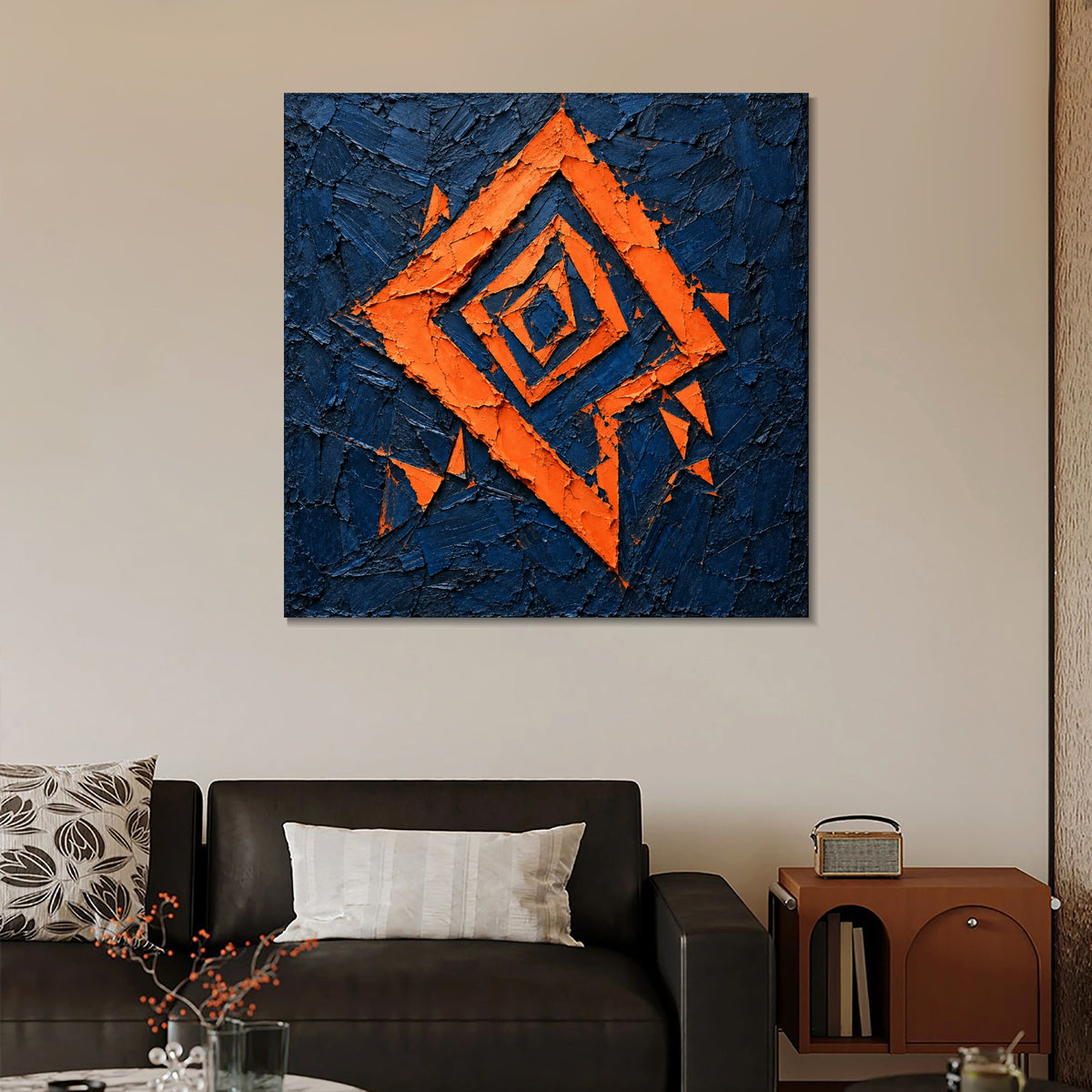INVIN ART Framed Canvas 100% Handpainted Oil Painting Orange Diamond Fragments Wall Art