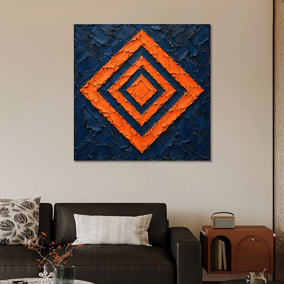 INVIN ART Framed Canvas 100% Handpainted Oil Painting Orange Concentric Diamonds Wall Art