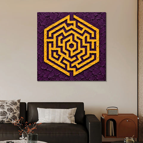 INVIN ART Framed Canvas 100% Handpainted Oil Painting Golden Hexagon Maze Wall Art
