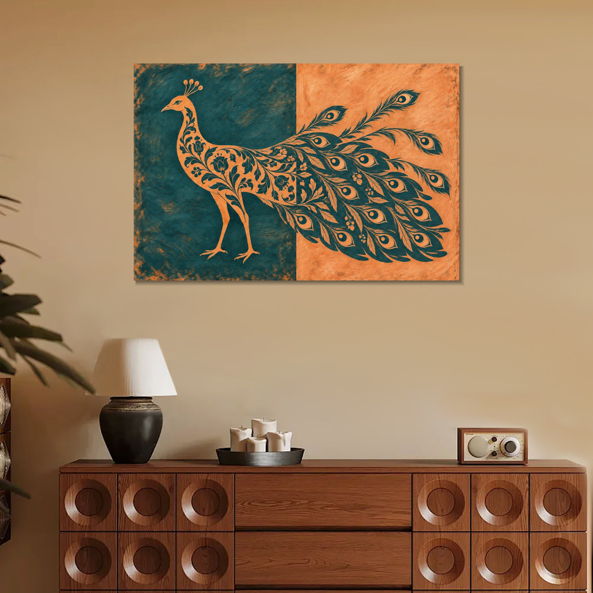 INVIN ART Framed Canvas 100% Handpainted Oil Painting Teal and Peach Peacock Wall Art