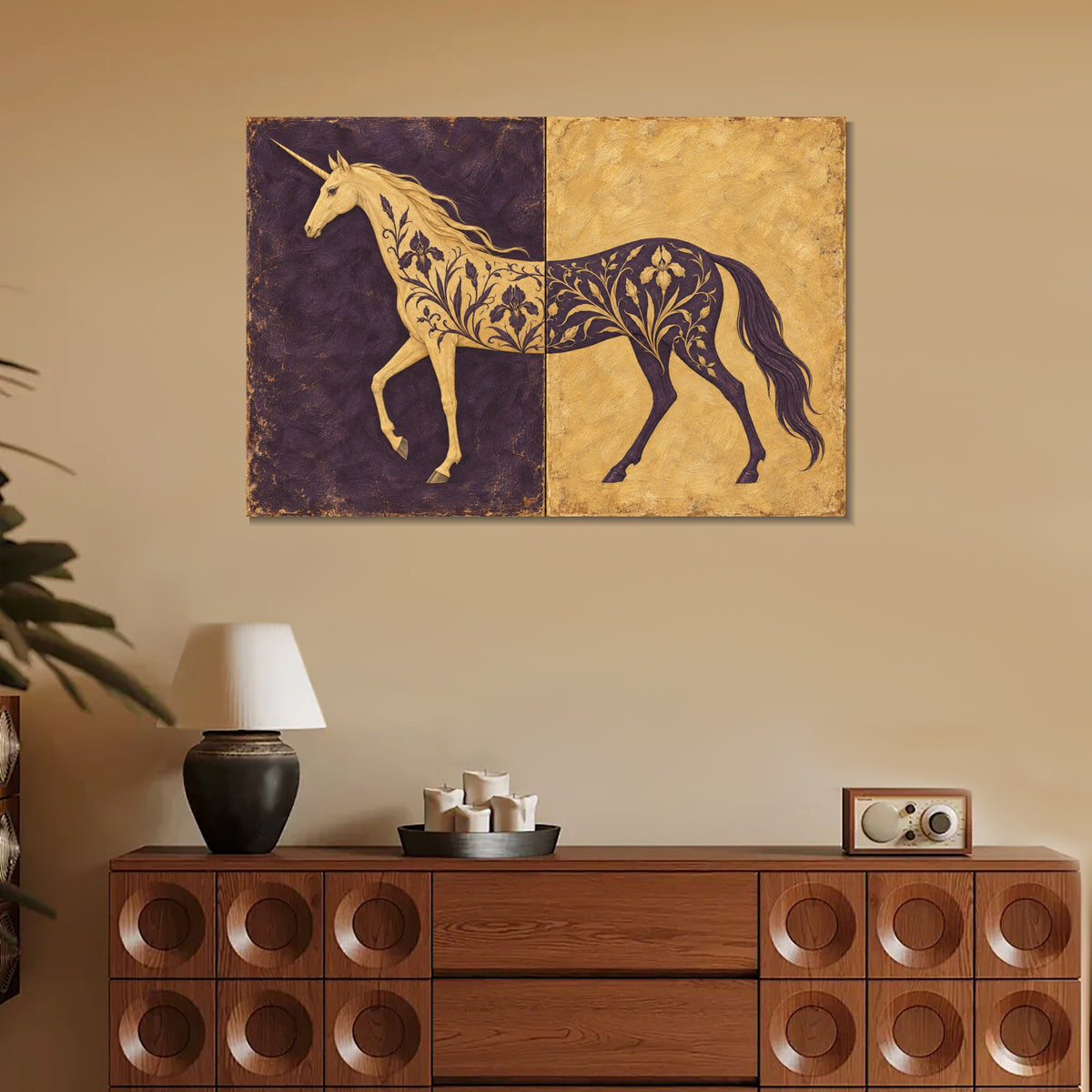 INVIN ART Framed Canvas 100% Handpainted Oil Painting Unicorn in Plum and Gold Wall Art