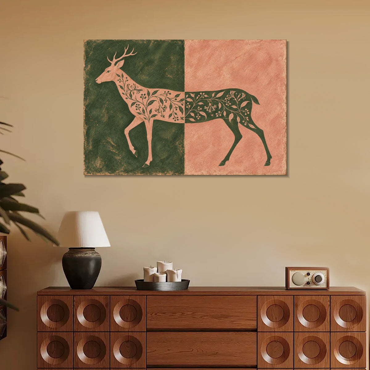 INVIN ART Framed Canvas 100% Handpainted Oil Painting Deer in Moss and Coral Wall Art