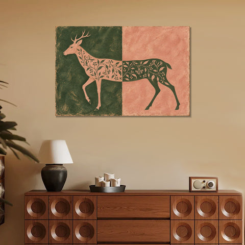 INVIN ART Framed Canvas 100% Handpainted Oil Painting Deer in Moss and Coral Wall Art