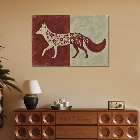 INVIN ART Framed Canvas 100% Handpainted Oil Painting Fox in Burgundy and Celadon Wall Art