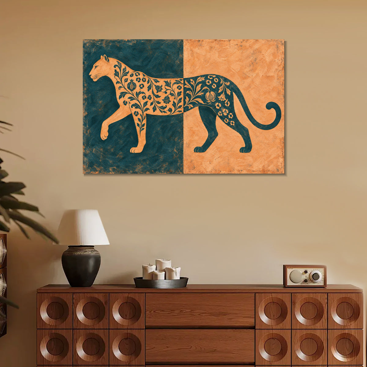 INVIN ART Framed Canvas 100% Handpainted Oil Painting Leopard in Teal and Peach Wall Art