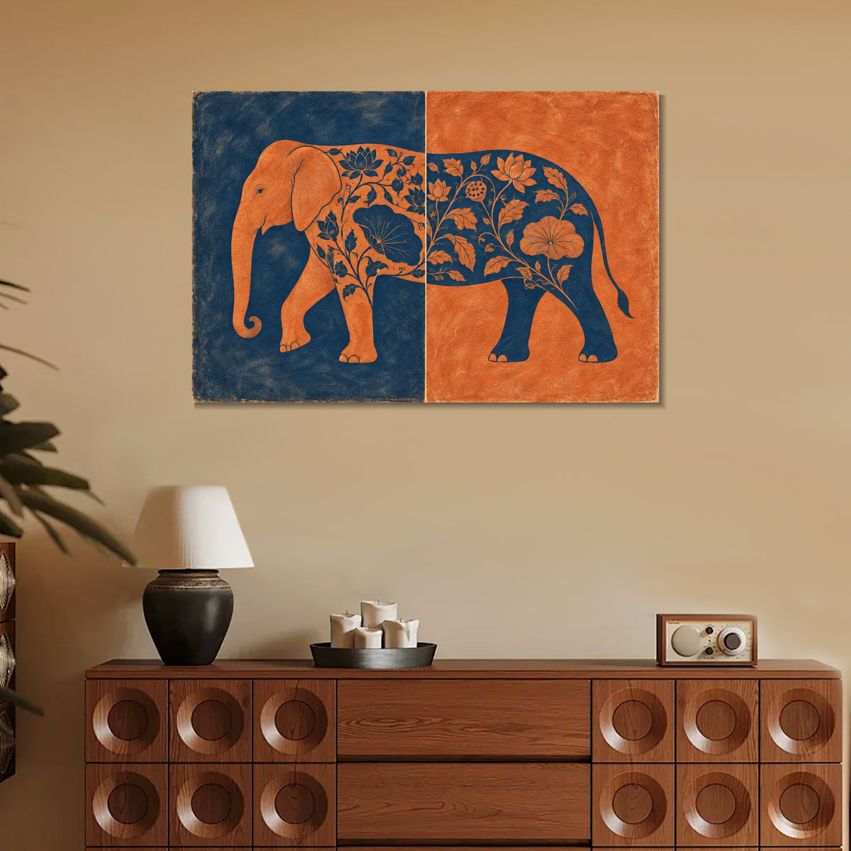 INVIN ART Framed Canvas 100% Handpainted Oil Painting Elephant in Indigo and Coral Wall Art