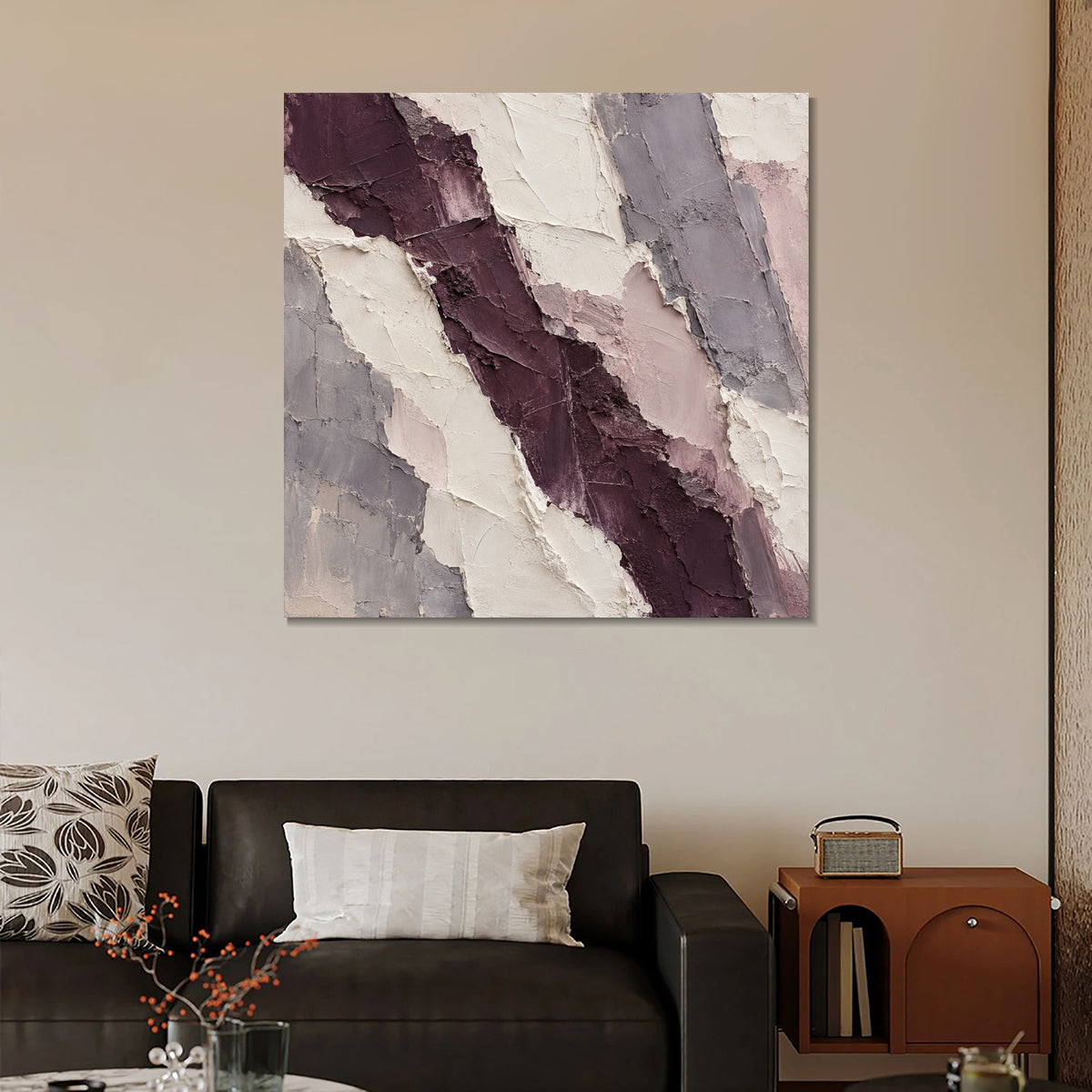 INVIN ART Framed Canvas 100% Handpainted Oil Painting Plum-Colored Strata Wall Art