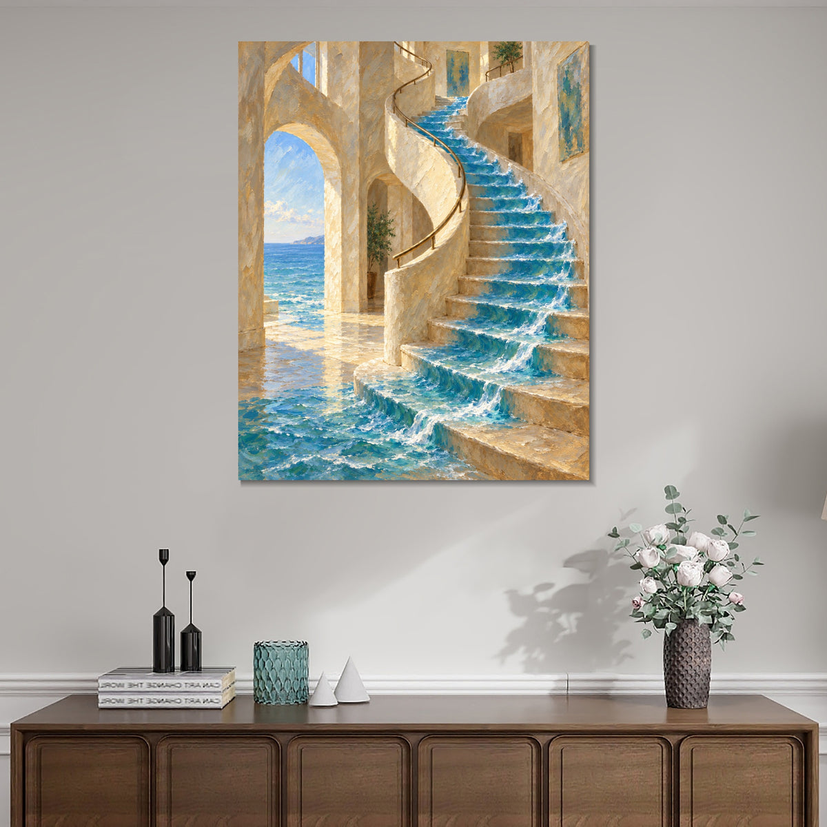 INVIN ART Framed Canvas 100% Handpainted Oil Painting The Sea on the Staircase Wall Art