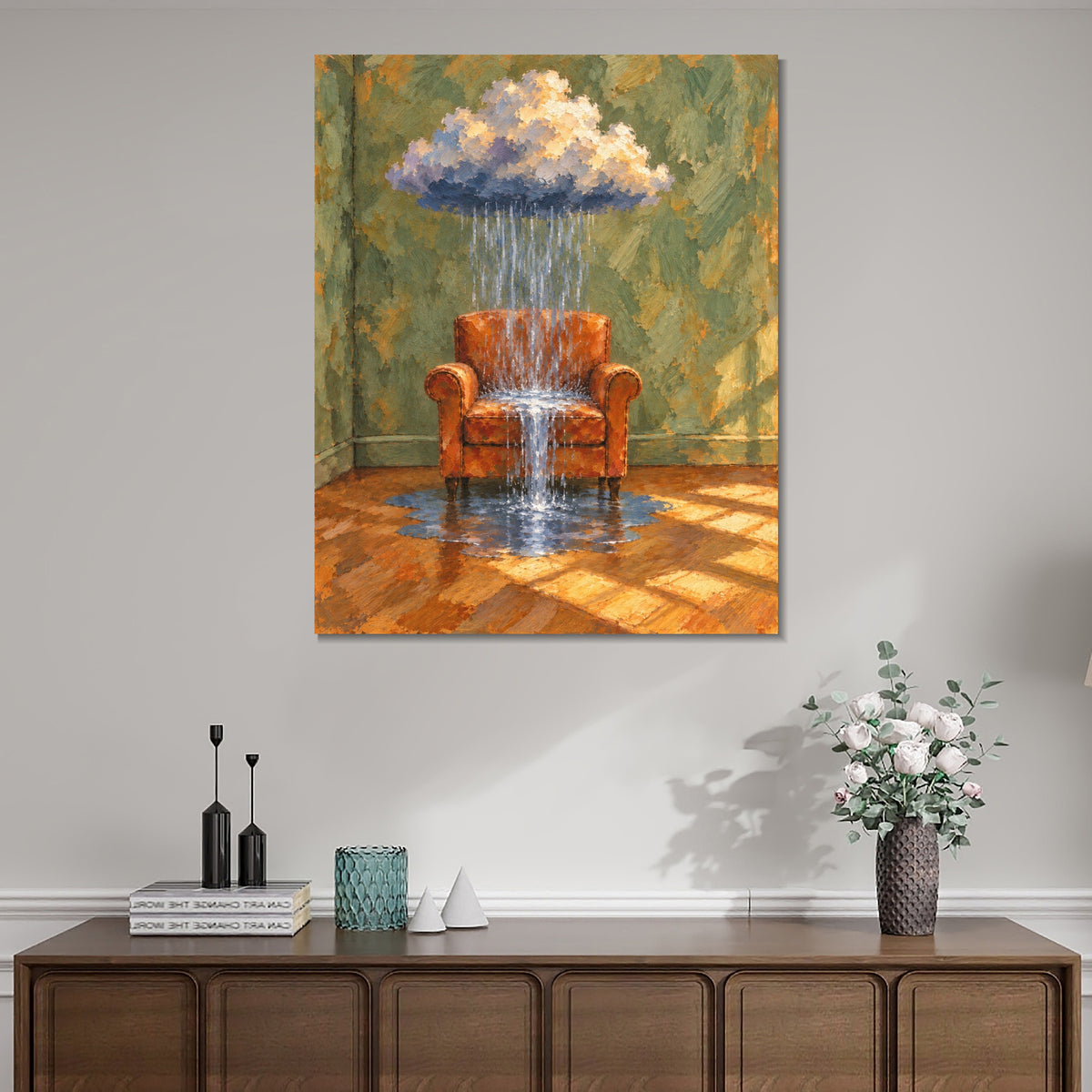 INVIN ART Framed Canvas 100% Handpainted Oil Painting Armchair Beneath a Rain Cloud Wall Art