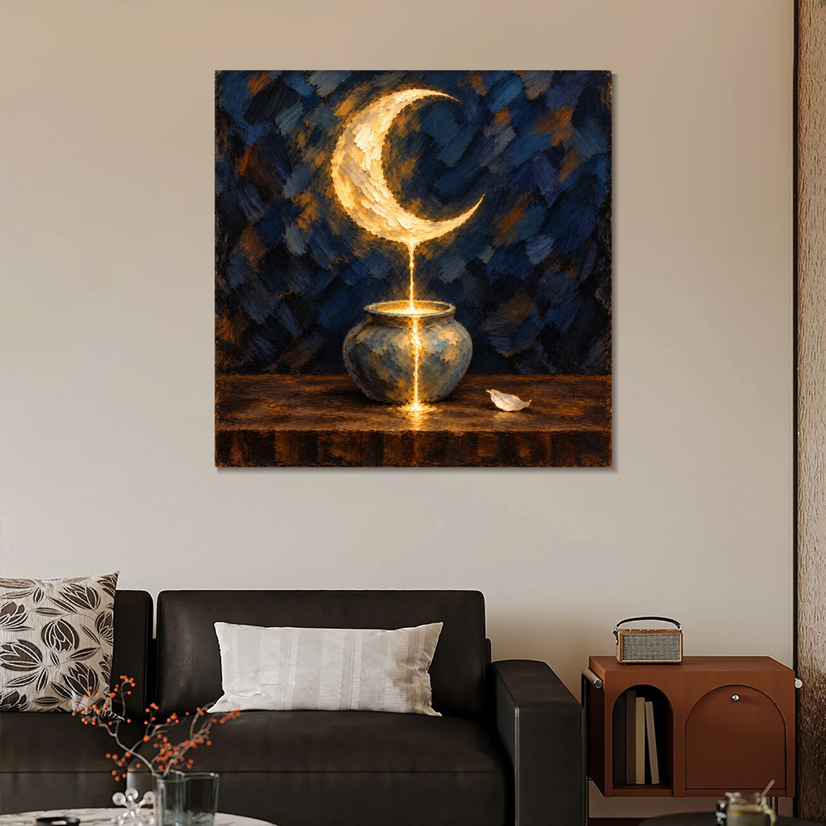 INVIN ART Framed Canvas 100% Handpainted Oil Painting Moonlight into the Vessel Wall Art