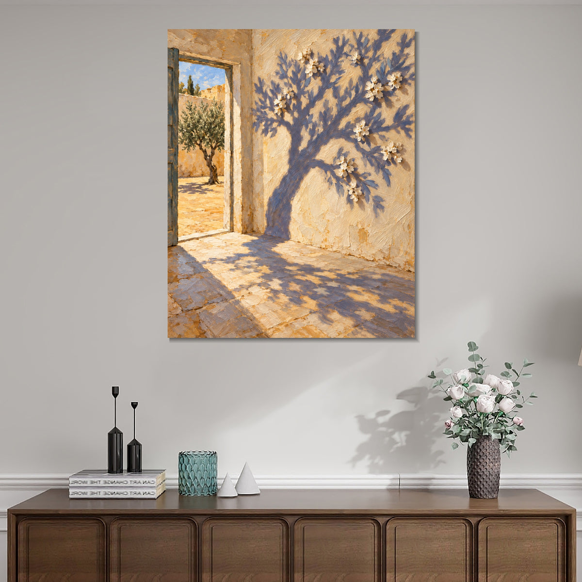 INVIN ART Framed Canvas 100% Handpainted Oil Painting A Flowering Shadow by the Door Wall Art