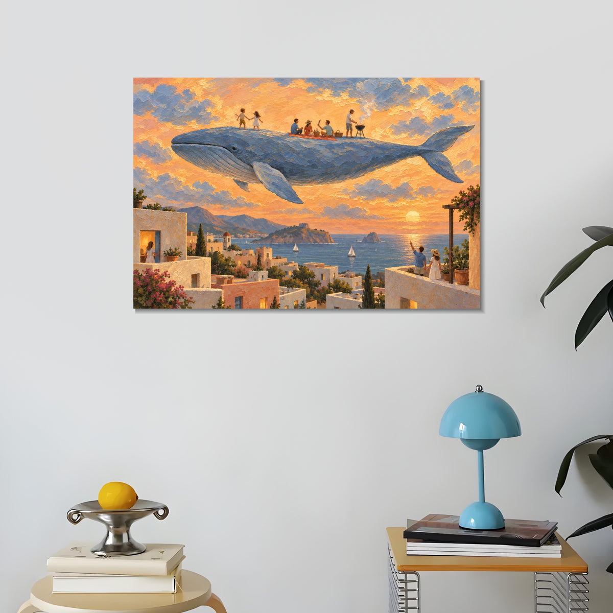 INVIN ART Framed Canvas 100% Handpainted Oil Painting Gathering on the Flying Whale Wall Art
