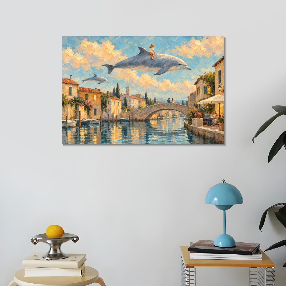 INVIN ART Framed Canvas 100% Handpainted Oil Painting Sky Dolphins Above the Canal Wall Art
