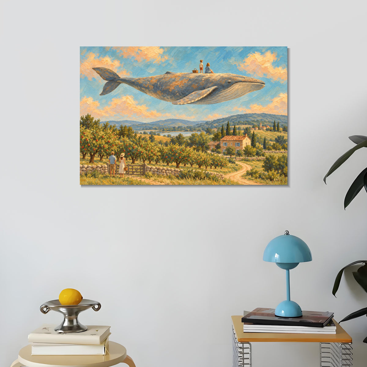 INVIN ART Framed Canvas 100% Handpainted Oil Painting Whale Above the Orchard Wall Art