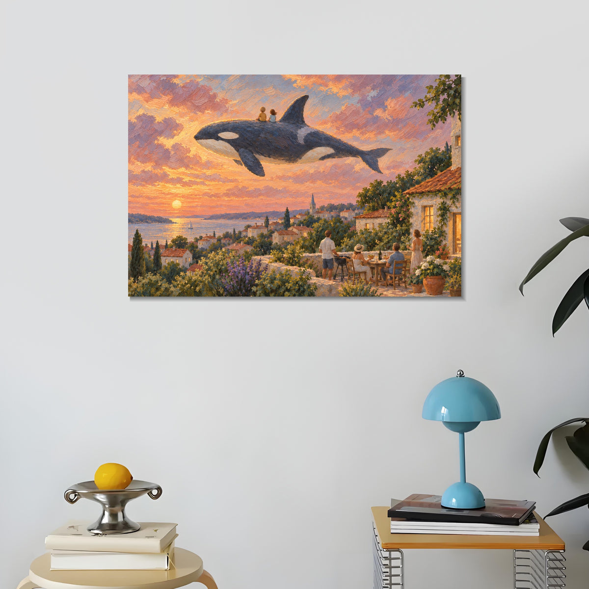 INVIN ART Framed Canvas 100% Handpainted Oil Painting Orca Above the Village Supper Wall Art