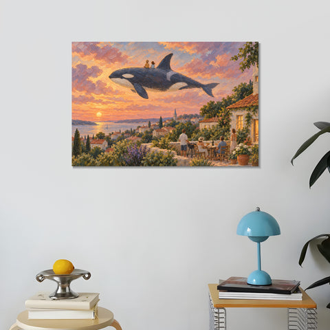 INVIN ART Framed Canvas 100% Handpainted Oil Painting Orca Above the Village Supper Wall Art