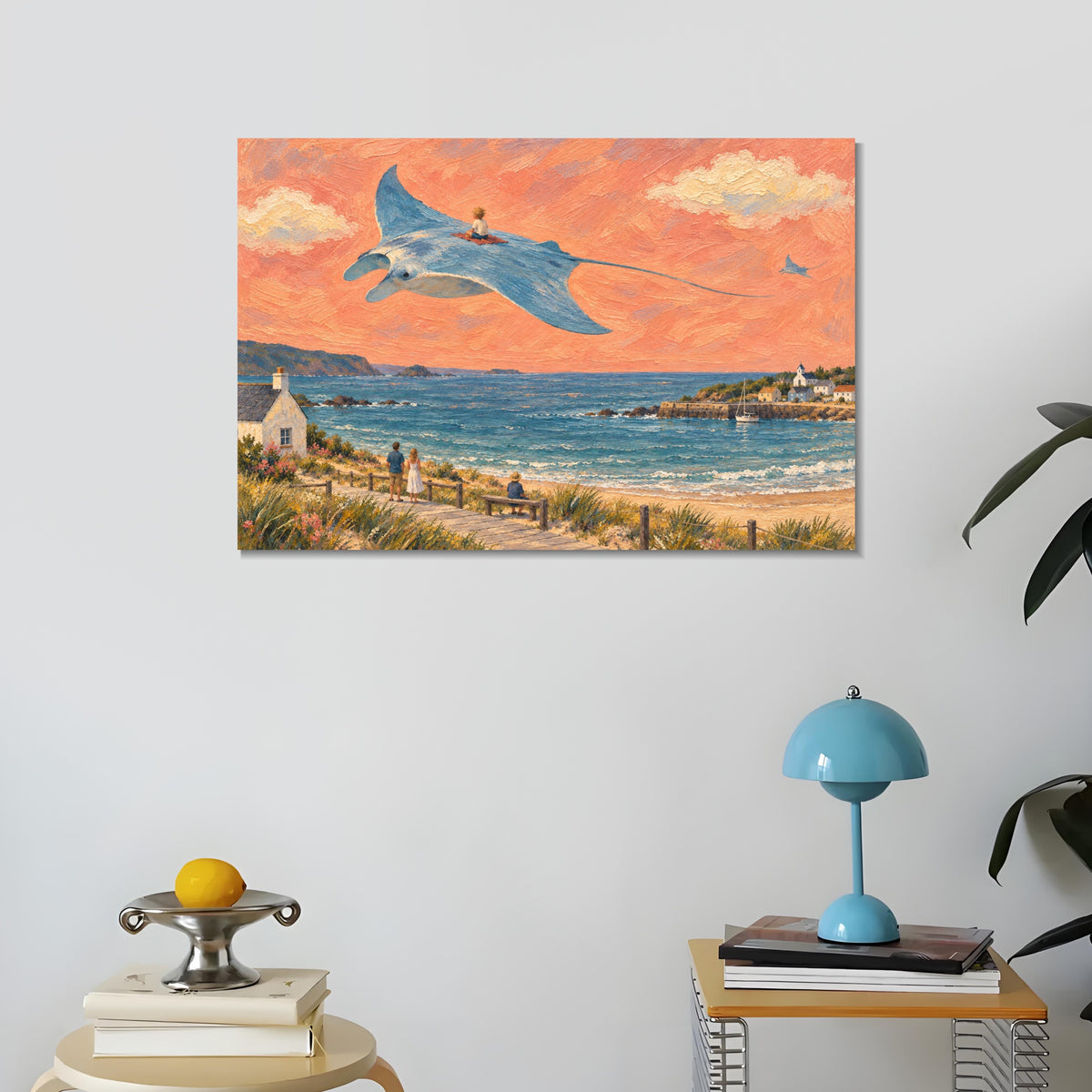 INVIN ART Framed Canvas 100% Handpainted Oil Painting Manta Ray Above the Bay Wall Art