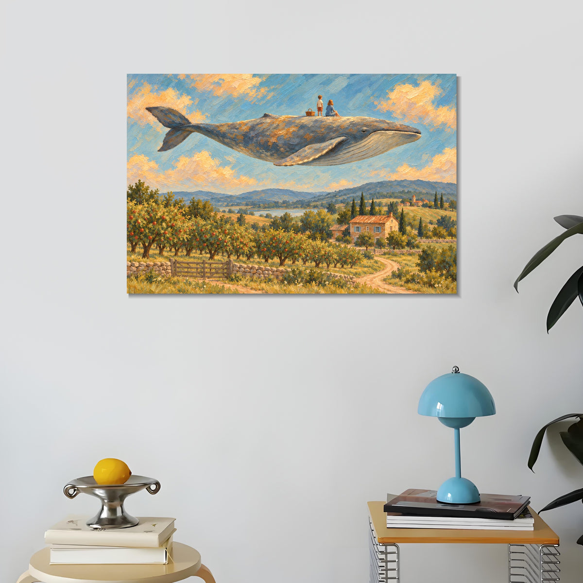 INVIN ART Framed Canvas 100% Handpainted Oil Painting Whale Above the Orchard Picnic Wall Art