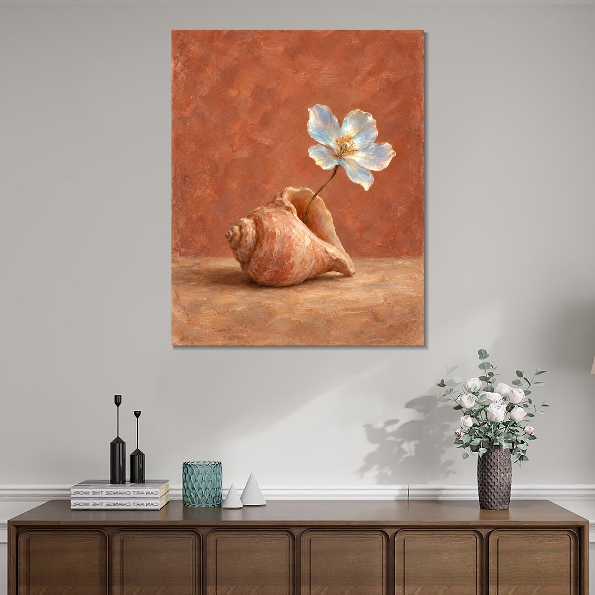 INVIN ART Framed Canvas 100% Handpainted Oil Painting A White Flower in a Shell Wall Art