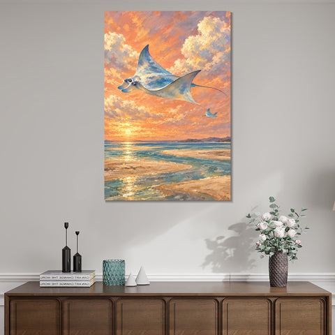 INVIN ART Framed Canvas 100% Handpainted Oil Painting Manta Rays in the Sunset Sky Wall Art