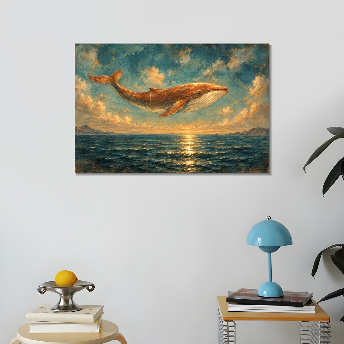 INVIN ART Framed Canvas 100% Handpainted Oil Painting Copper Whale Above the Sea Wall Art
