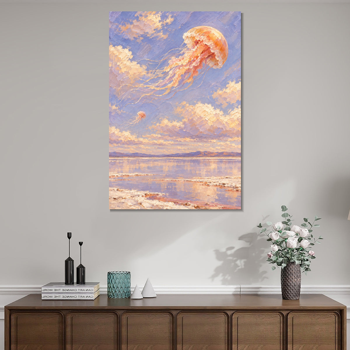 INVIN ART Framed Canvas 100% Handpainted Oil Painting Honey Jellyfish Above the Salt Lake Wall Art