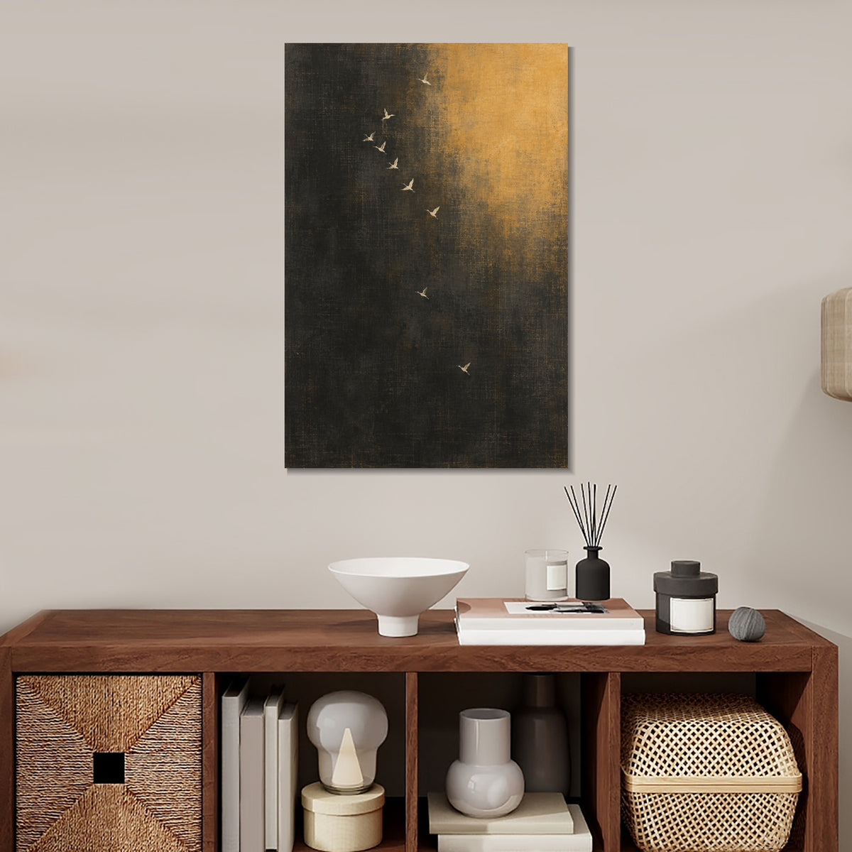 INVIN ART Framed Canvas 100% Handpainted Oil Painting Birds in Amber Night Wall Art