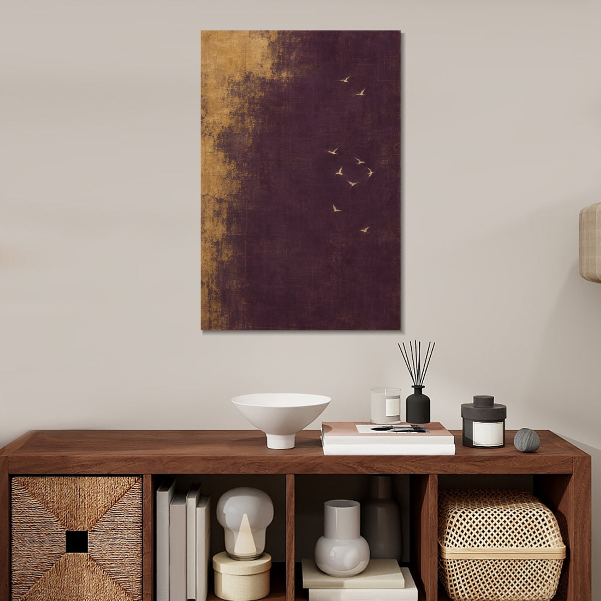 INVIN ART Framed Canvas 100% Handpainted Oil Painting Pale Wings in Plum and Gold Wall Art