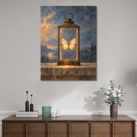 INVIN ART Framed Canvas 100% Handpainted Oil Painting Golden Butterfly in the Lantern Wall Art