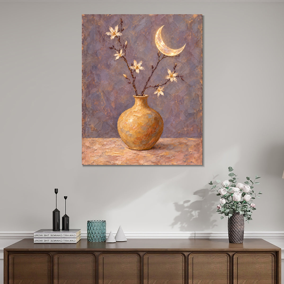 INVIN ART Framed Canvas 100% Handpainted Oil Painting Golden Moon and Flower Vase Wall Art