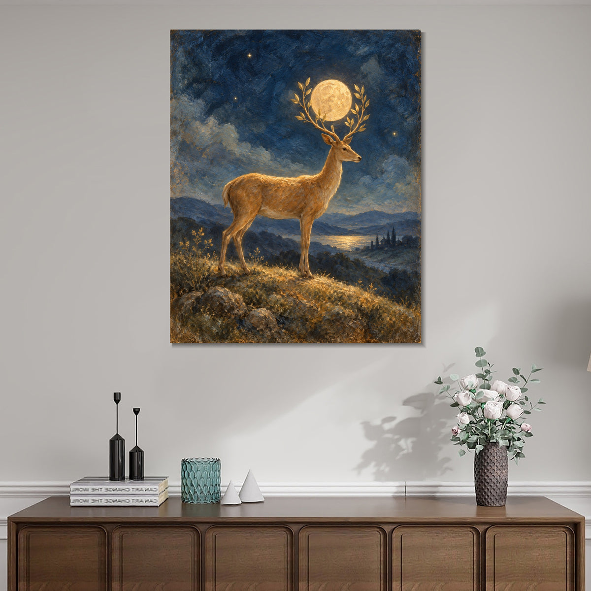 INVIN ART Framed Canvas 100% Handpainted Oil Painting Golden Deer Holding the Moon Wall Art