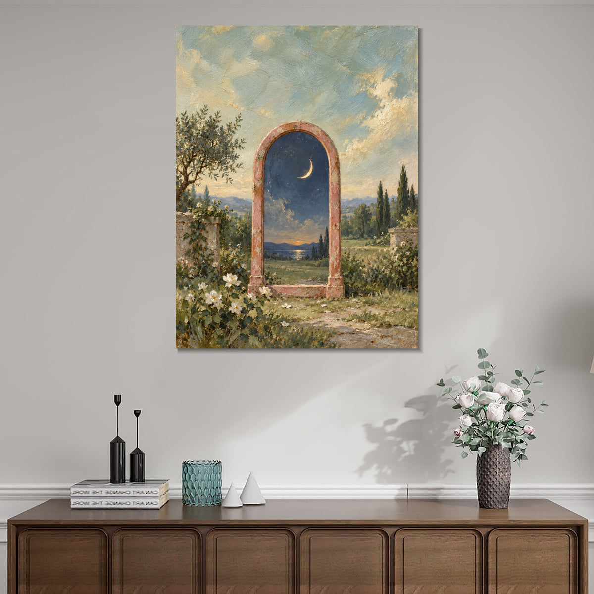 INVIN ART Framed Canvas 100% Handpainted Oil Painting Moonlit Mirror in the Garden Wall Art